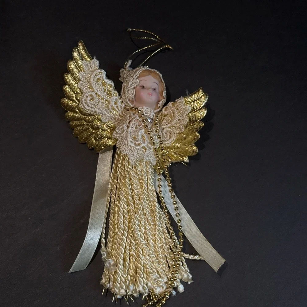 Elegant‎ Gold Angel Ornament Vintage, made with lace and fabric.